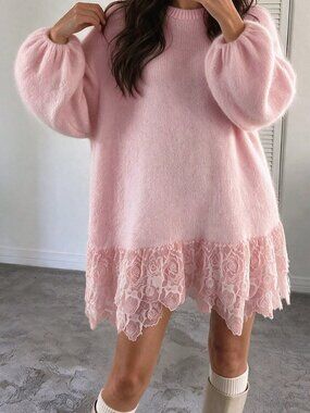 Baby Pink Casual Women's Knitted Round Neck Lace Trim Sweater Dress